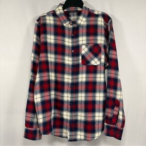 Plaid Flannel Alpine Design Red White Blue Button Up Shirt Size M